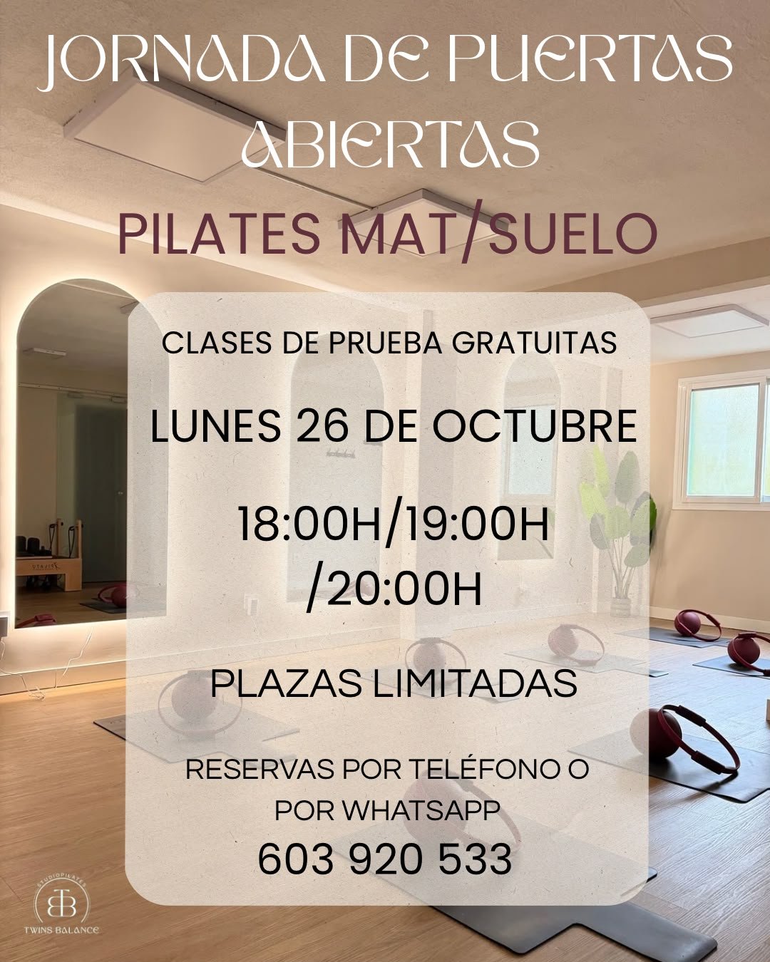 Jornada de Puertas Abiertas de Pilates Mat/Suelo en Twins Balance - Lunes 26 de octubre